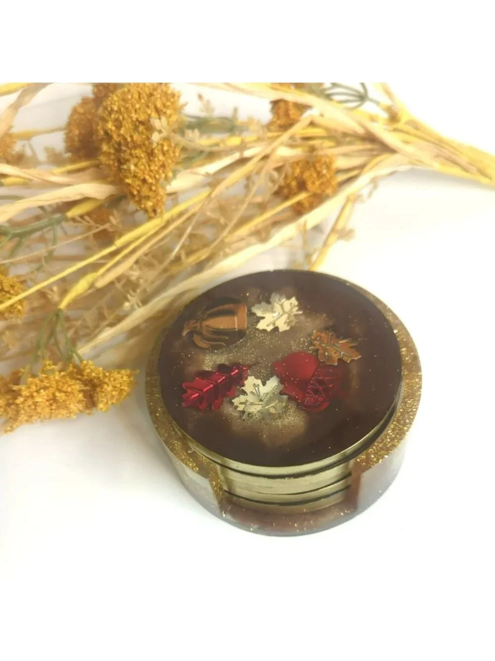 Handmade Resin Round Coaster Set With Holder Fall Autumn Themed Leaves Pumpkin